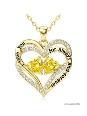 14K Gold Double Heart Pendant Necklace Cubic Zirconia Love Gift Women